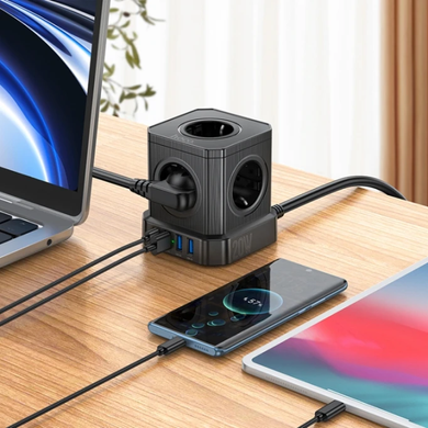 Фото  Сетевой фильтр Hoco NS8 5 гнезд 3USB 1USB-C 20W 2м NS8
