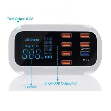 Фото Зарядний пристрій 8 USB портів із дисплеєм Type-C (cd A19Q) YC-CDA19Q